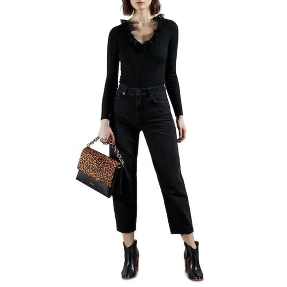 Ted Baker Anyibel Black Ruffle V-Neck Ribbed knit fitted sweater size 1 (small) - Picture 6 of 16